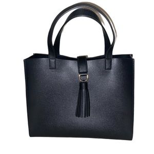 Structured black tassel tote handbag